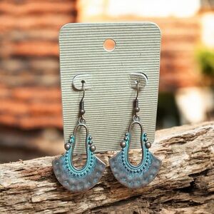 Elegant Blue and Silver Tone Dangle Boho Patina Earrings